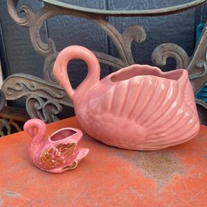 Vintage MCM 50’s Pink Swan Ceramic Planter Set big swan little swan